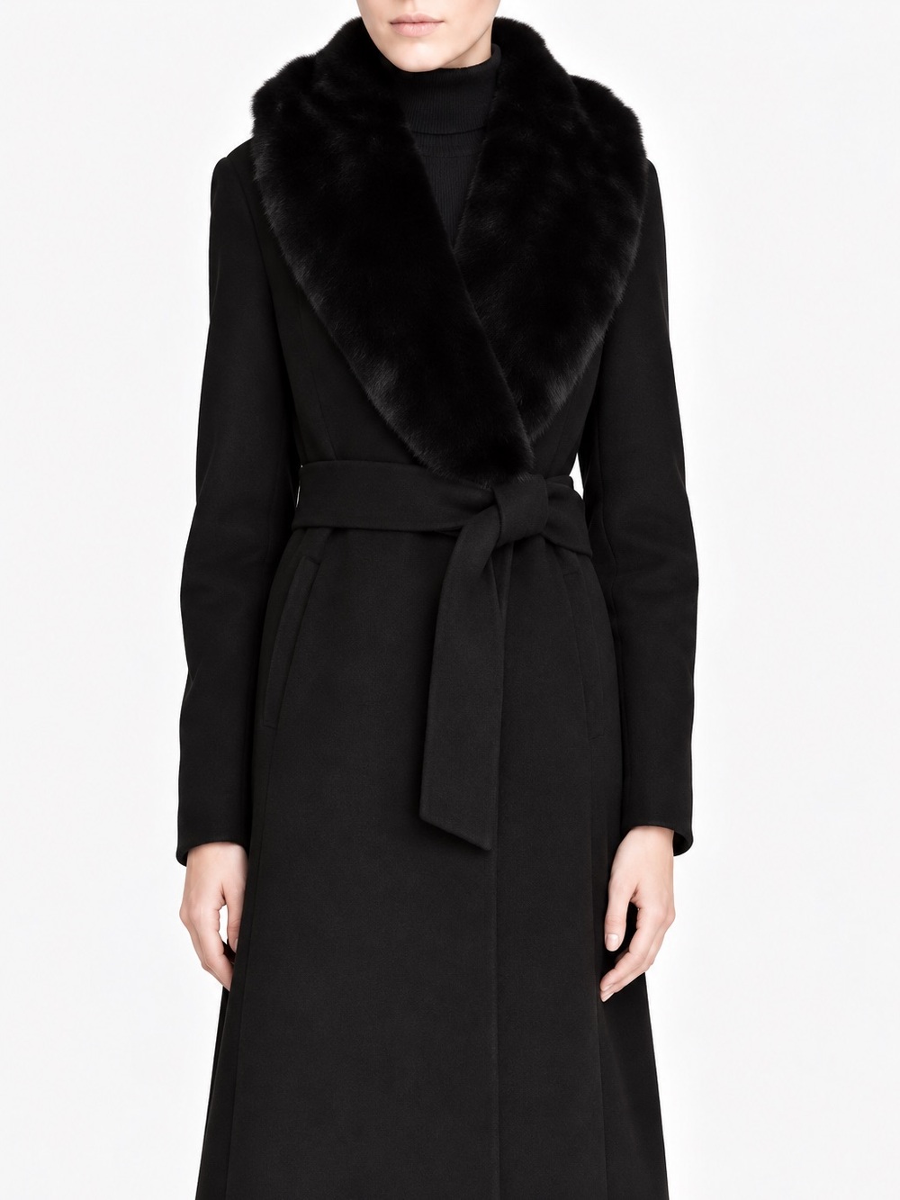 Lauren Ralph Lauren Faux-Fur-Collar Wool-Blend Wrap Coat Black